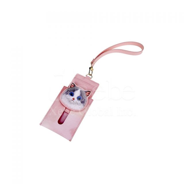 custom cat embroidered leather card holder