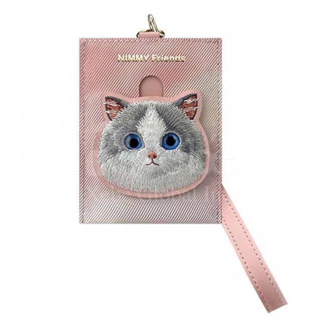 custom cat embroidered leather card holder