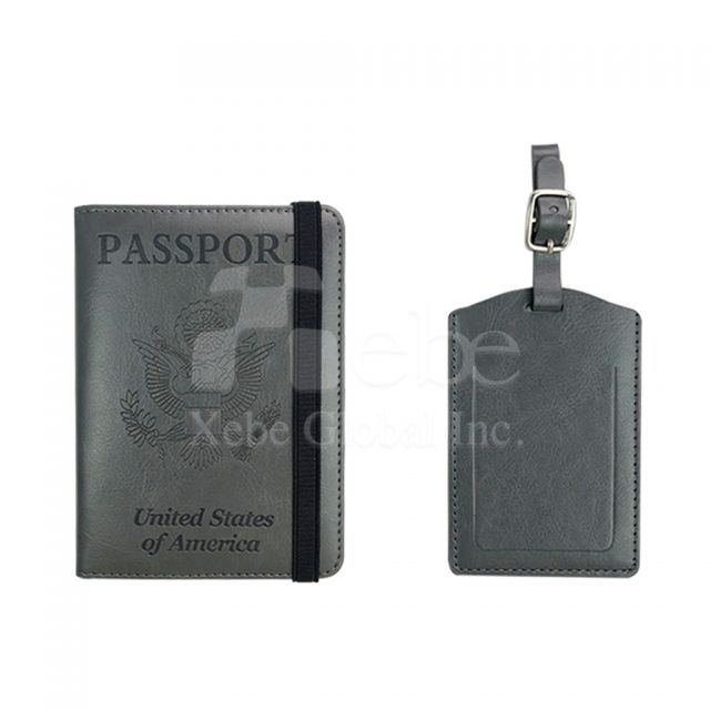 dark grey leather passport holder tag set
