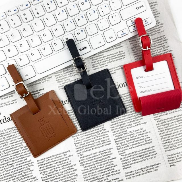 light blue leather square luggage tag