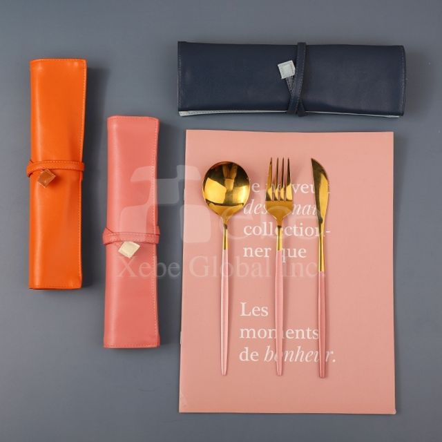 dark blue leather eco-friendly tableware set