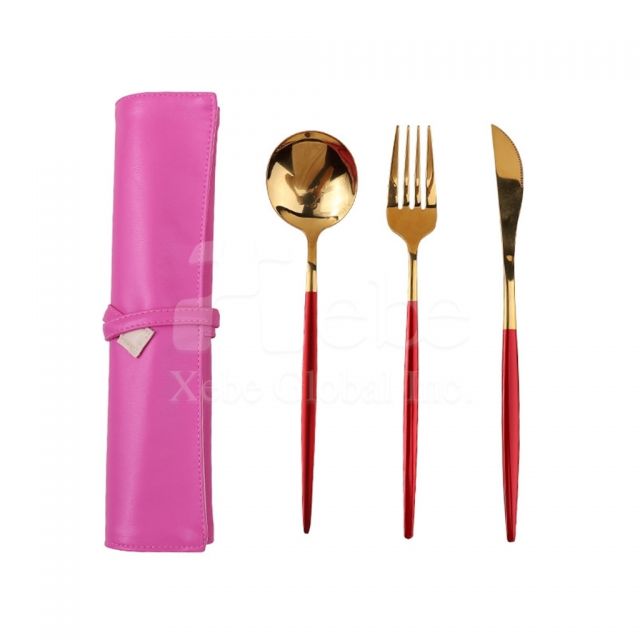 pink leather eco friendly cutlery set